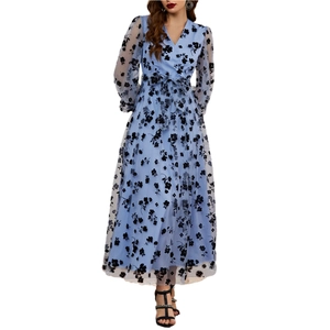 Détails de la robe longue bleu clair à manches longues avec broderie florale noire