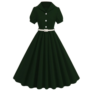 Detail of vintage dark green dress showing collar buttons and white buckled belt waist