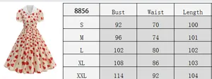 Detailed size chart for short sleeve vintage heart print dress showing bust and waist specs