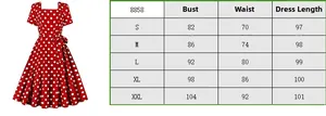 Detailed size chart for vintage polka dot dress showing bust waist and length measurements
