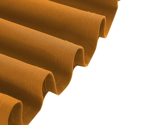 Detail of orange chiffon fabric with layered ruffles and double-needle stitching quality