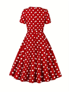 Elegant retro red A-line short sleeve dress with white polka dots and high waistline