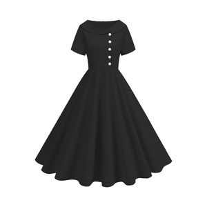 Macro view of vintage black A-line dress with portrait collar and white buttons