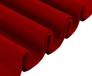Close-up of dark red textured fabric showing neat double-needle stitching and soft drape