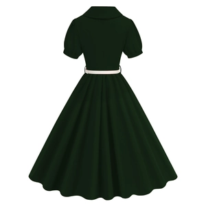 Back view of a dark green retro A-line dress with puff sleeves and white waist belt