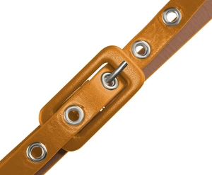 Detail of tan leather belt with silver eyelets and leather-wrapped square buckle