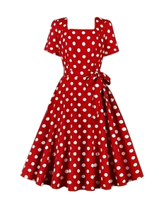 Women's Vintage Polka Dot Square Neck Short Sleeve Midi Dress With Bow Tie Belt Retro A-Line Elegant Summer Party Dress