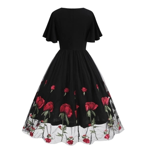 Retro 1950s Hepburn black cocktail dress with rose embroidery and mesh skirt
