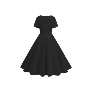 Rear view of vintage black A-line dress featuring a spread collar and invisible back zipper