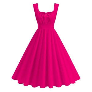 Robe trapèze sans manches rose vif avec col carré et détails plissés élégants