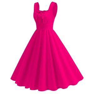 Détail d'une robe rétro sans manches rose avec col en U, nœud papillon et ourlet plissé