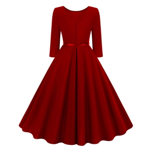 Detail of deep red midi dress with three-quarter sleeves and elegant back V-neck cut