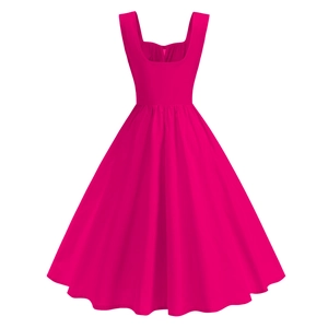 Détail d'une robe vintage rose rouge sans manches avec col plissé et coupe ajustée trapèze