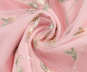 Close-up of pink mesh dress featuring elegant leaf embroidery and delicate layered fabric