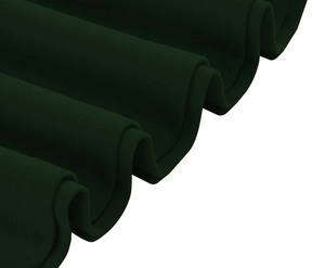 Close-up of dark green chiffon fabric showing wave pleats and fine double-stitched hem