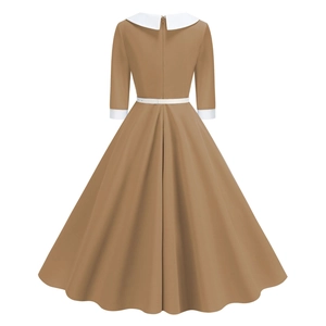 Back view detail of brown A-line vintage dress showing white Peter Pan collar and zipper