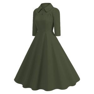 Detail of vintage olive green dress with Peter Pan collar and elegant button accents