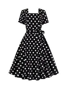 Retro black polka dot dress with square neck and elegant waist tie for women