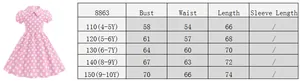 Detailed size chart for girl's pink polka dot summer dress with white collar and short sleeves