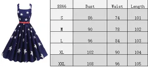 Detailed size chart for retro star print sleeveless A-line dress with red belt detail