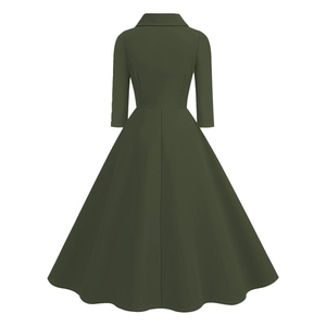 Rear view of vintage dark green A-line dress with long sleeves and pleated skirt