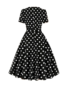 Elegant retro black polka dot short sleeve dress with square neck and back tie detail