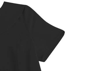 Close-up of black retro dress neck with fine stitching and soft fabric texture