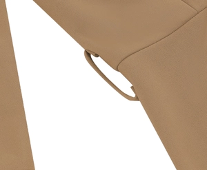 Detailed view of camel dress waist stitching with precise belt loop and fabric texture