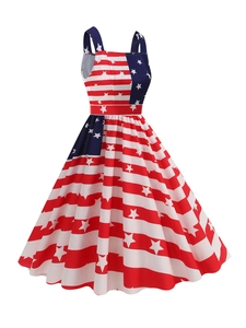 Detail of the American flag pattern on the sleeveless A-line vintage festive dress