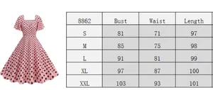 Detailed size chart for retro square neck floral midi dress with S-XXL measurements