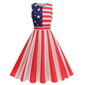 Detail view of sleeveless summer dress featuring US flag star and stripe patterns