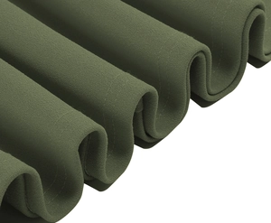 Macro detail of dark olive green textured fabric with soft drape and vintage matte finish