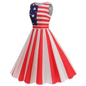 Detailed view of sleeveless A-line dress featuring patriotic American flag stars and stripes