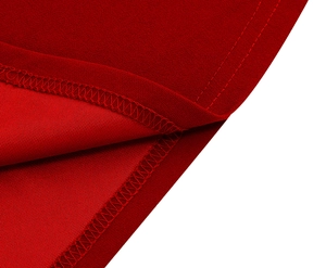 Macro detail of red chiffon dress showing professional stitching and edge finishing