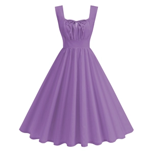 Robe ligne A sans manches violette rétro avec col carré et détail de nœud plissé