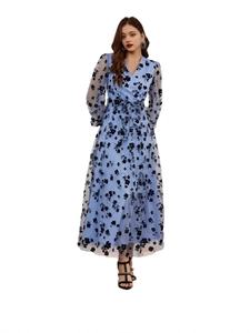 Robe Longue en Maille Fleurie Vintage pour Femme Élégante Col en V Flocage Manches Lanternes Taille Nouée Robe de Fête