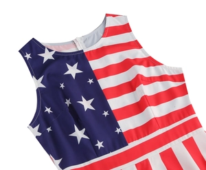 Close-up detail of sleeveless dress with US flag stars and stripes pattern and hidden zipper