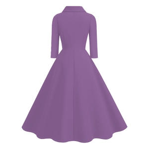 Back view of a vintage lavender A-line dress featuring a collar and 3/4 sleeves