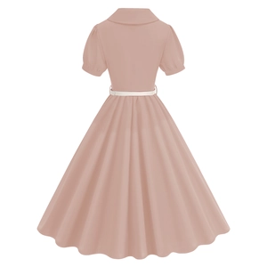 Detail of vintage pink dress with short puff sleeves, lapel collar, and slim white belt