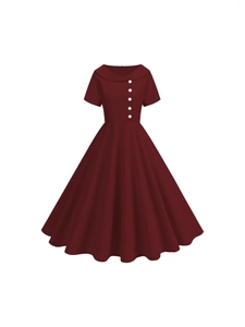 Women's Retro Hepburn Style Solid Color Midi Dress Short Sleeve Round Neck With Buttons High Waist Big Swing Party Dress