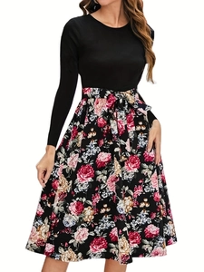 Women's Vintage Floral Patchwork Long Sleeve Midi Dress Round Neck Bow Tie Waist A-Line Casual Retro Elegant Party Dress