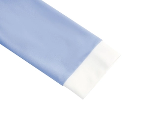 Close-up of light blue sleeve with white contrast cuff detail on an elegant dress