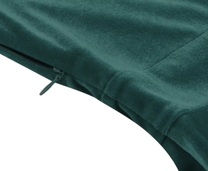 Detail of hidden zipper closure on dark green velvet fabric with vertical texture