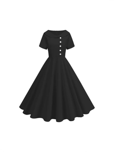 Elegant 1950s vintage black A-line dress with short sleeves and white buttons