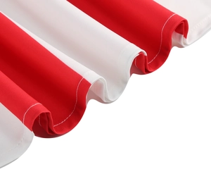 Detail shot of the red and white striped skirt hem with high quality rolled edge stitching