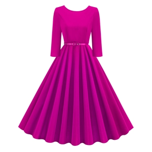 Detail of magenta pleated A-line dress with three-quarter sleeves and matching waist belt