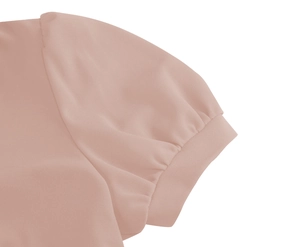 Detail of short puff sleeves on vintage rose pink dress with fine stitching and pleats