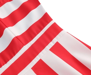 Close-up of red and white striped fabric texture and stitching on the summer dress