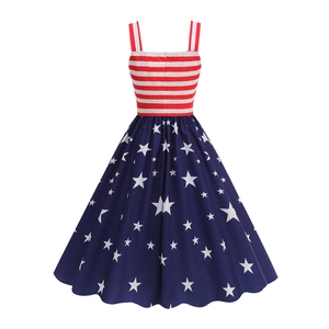 Detail view of American flag dress featuring red stripes and blue star pattern