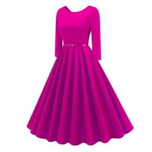 Detailed view of magenta pleated midi dress with vintage round neck and matching waist belt